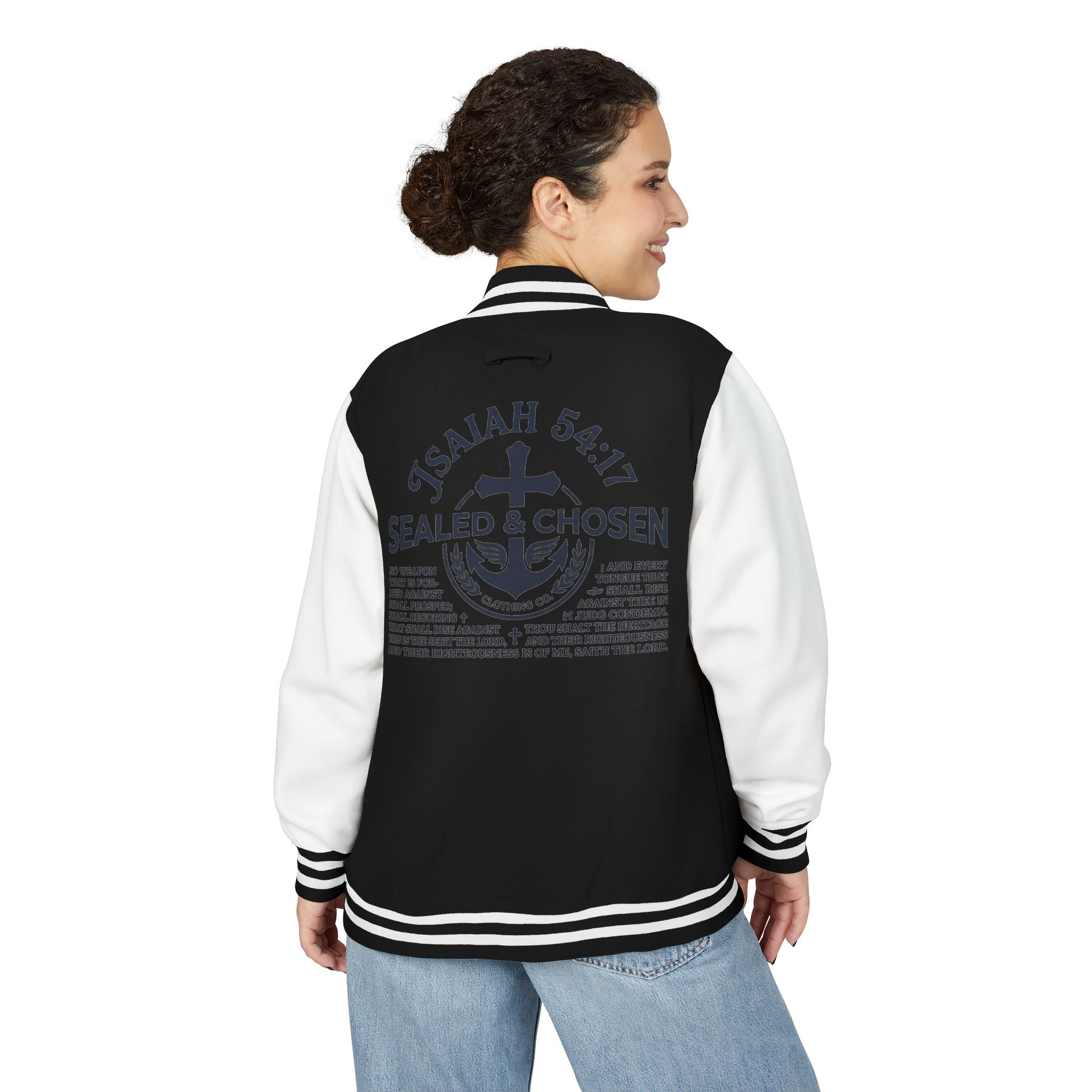 Isaiah 54:17 Varsity Letterman Jacket — Sealed & Chosen Faith Apparel
