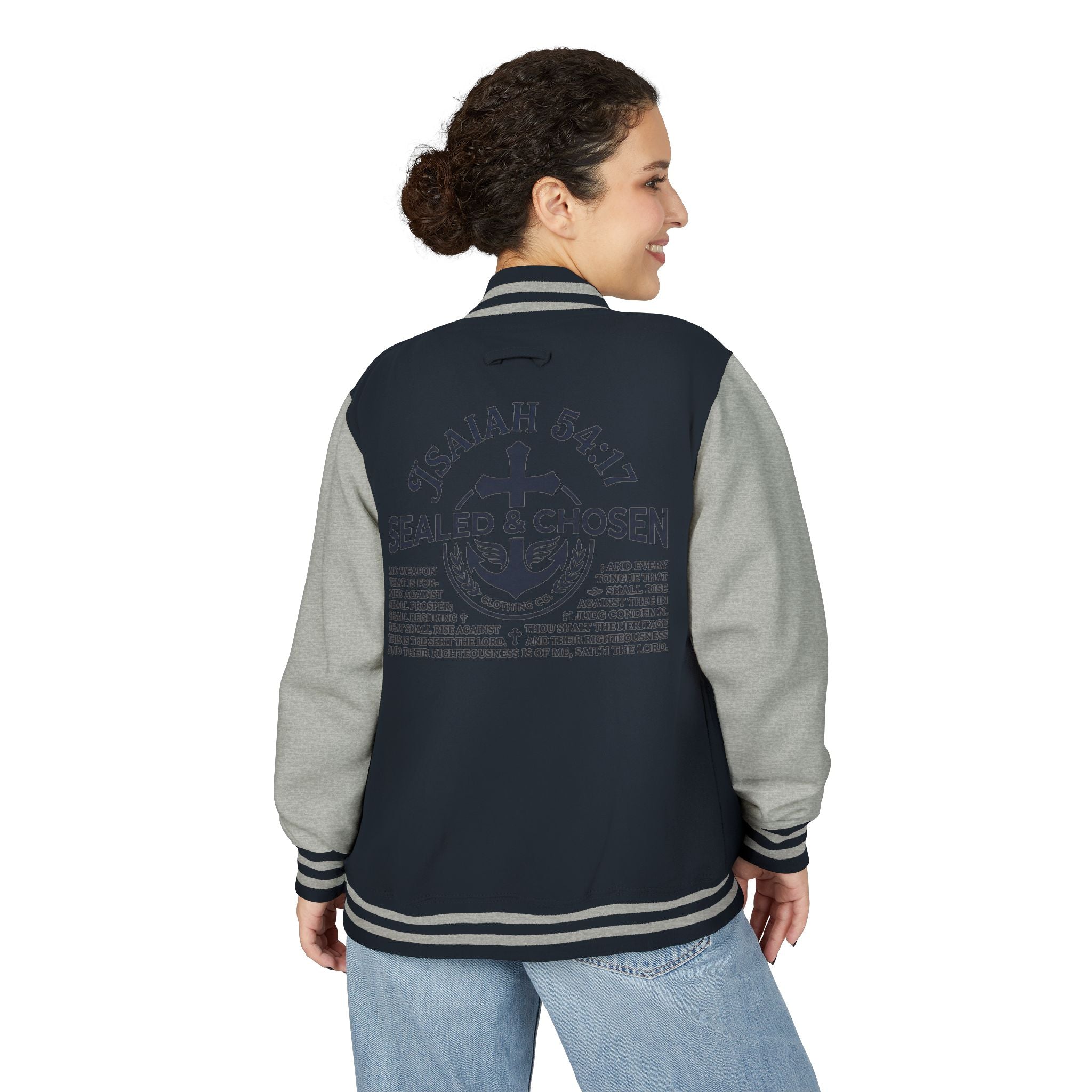 Isaiah 54:17 Varsity Letterman Jacket — Sealed & Chosen Faith Apparel