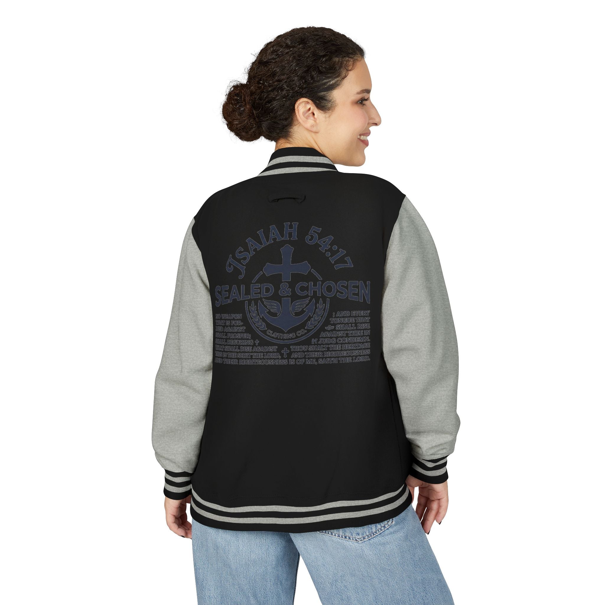 Isaiah 54:17 Varsity Letterman Jacket — Sealed & Chosen Faith Apparel