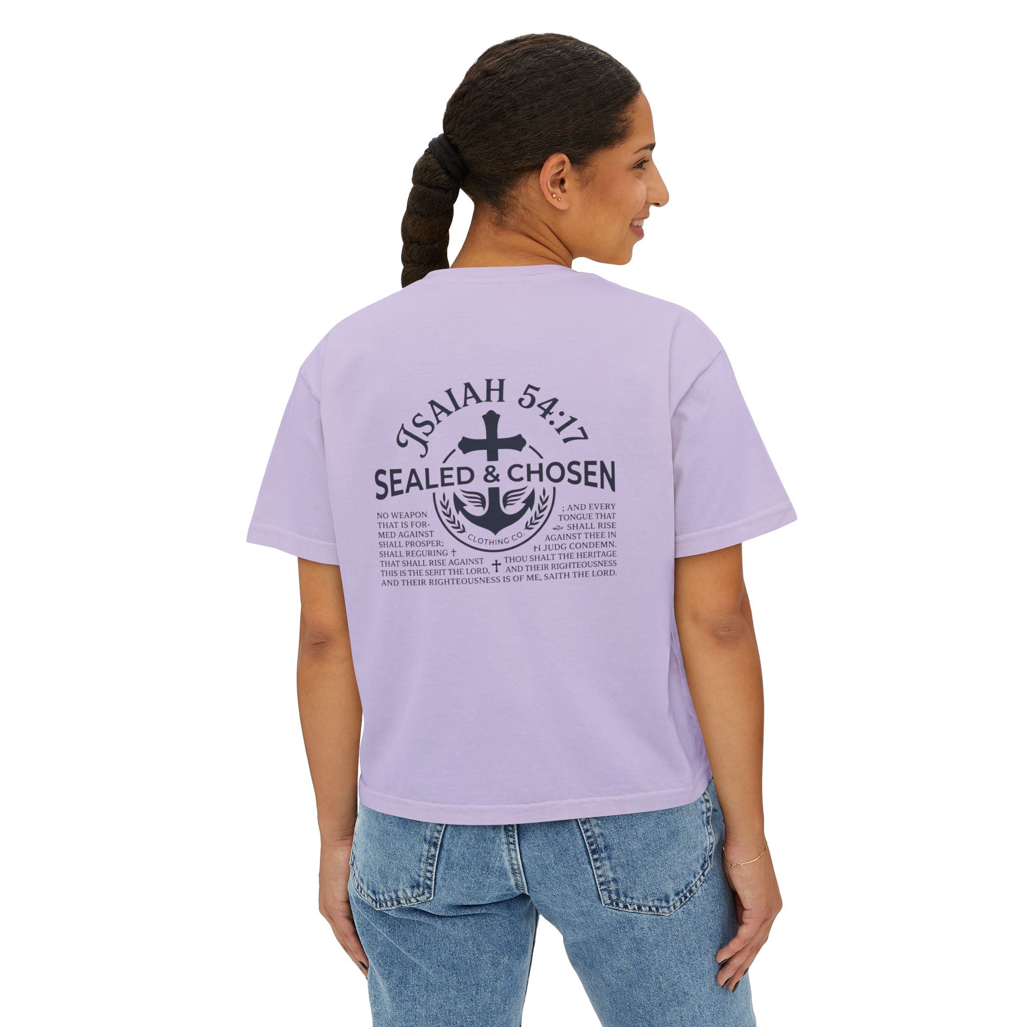 Sealed & Chosen Christian Boxy Tee — Isaiah 54:17 Faith Graphic Shirt