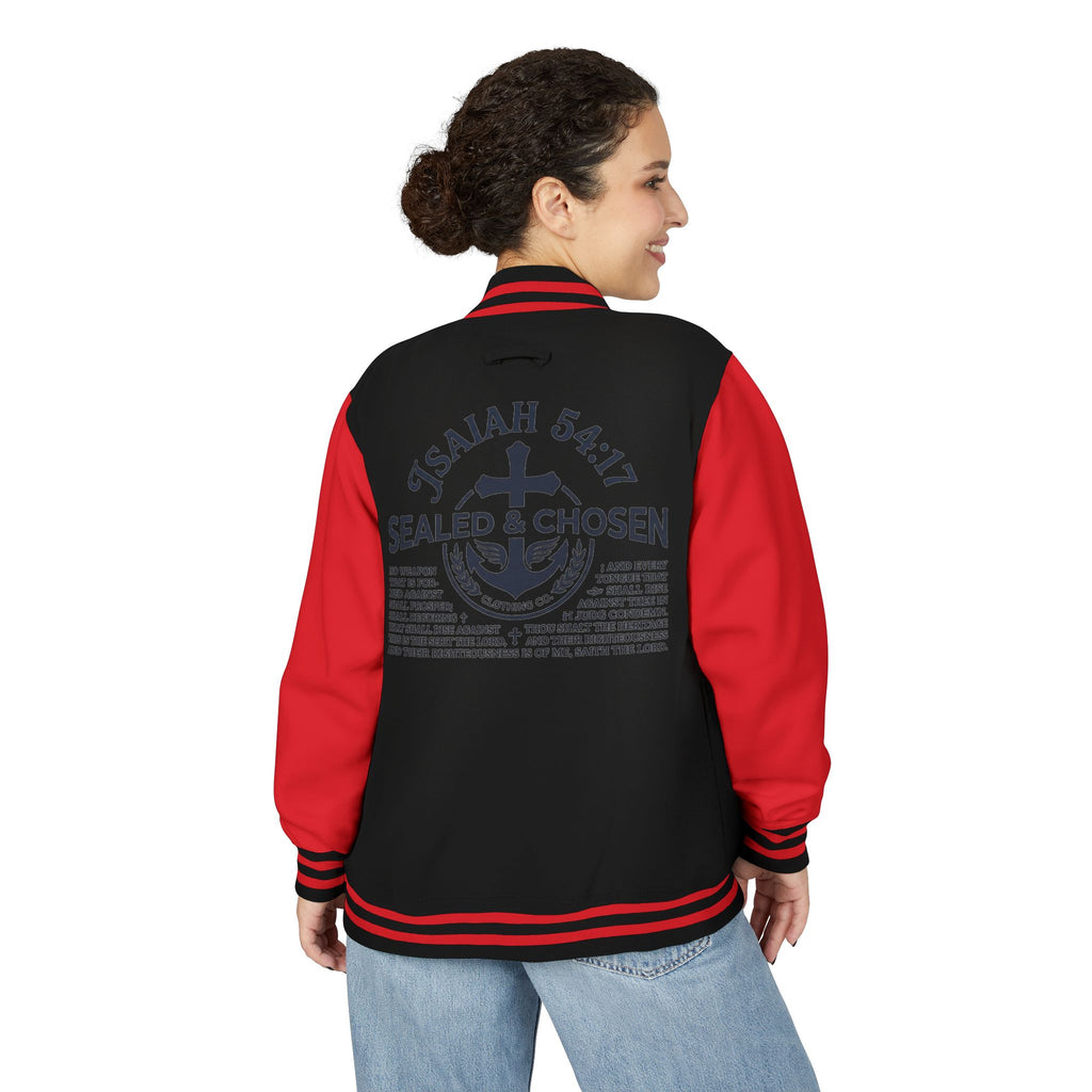 Isaiah 54:17 Varsity Letterman Jacket — Sealed & Chosen Faith Apparel