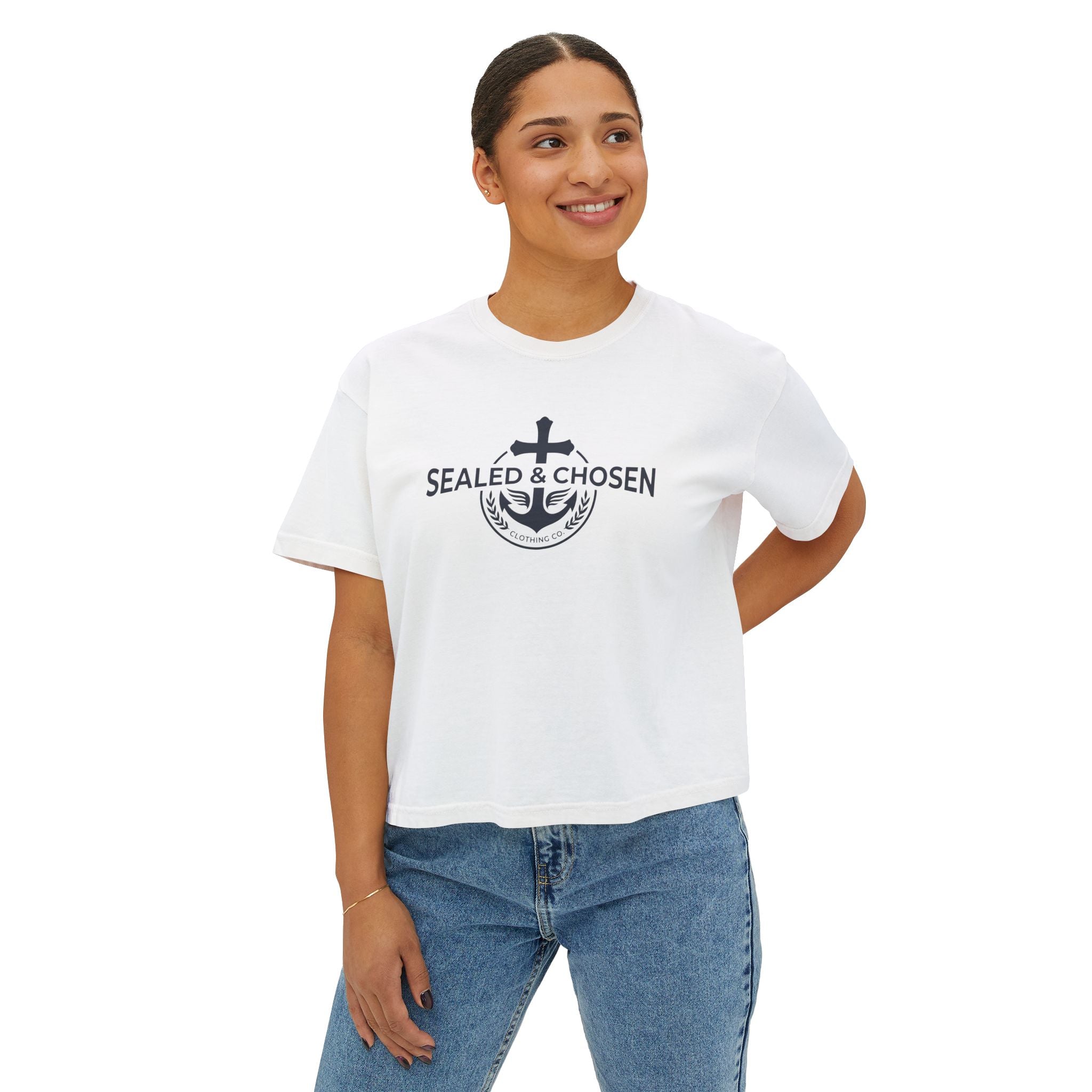 Sealed & Chosen Christian Boxy Tee — Isaiah 54:17 Faith Graphic Shirt