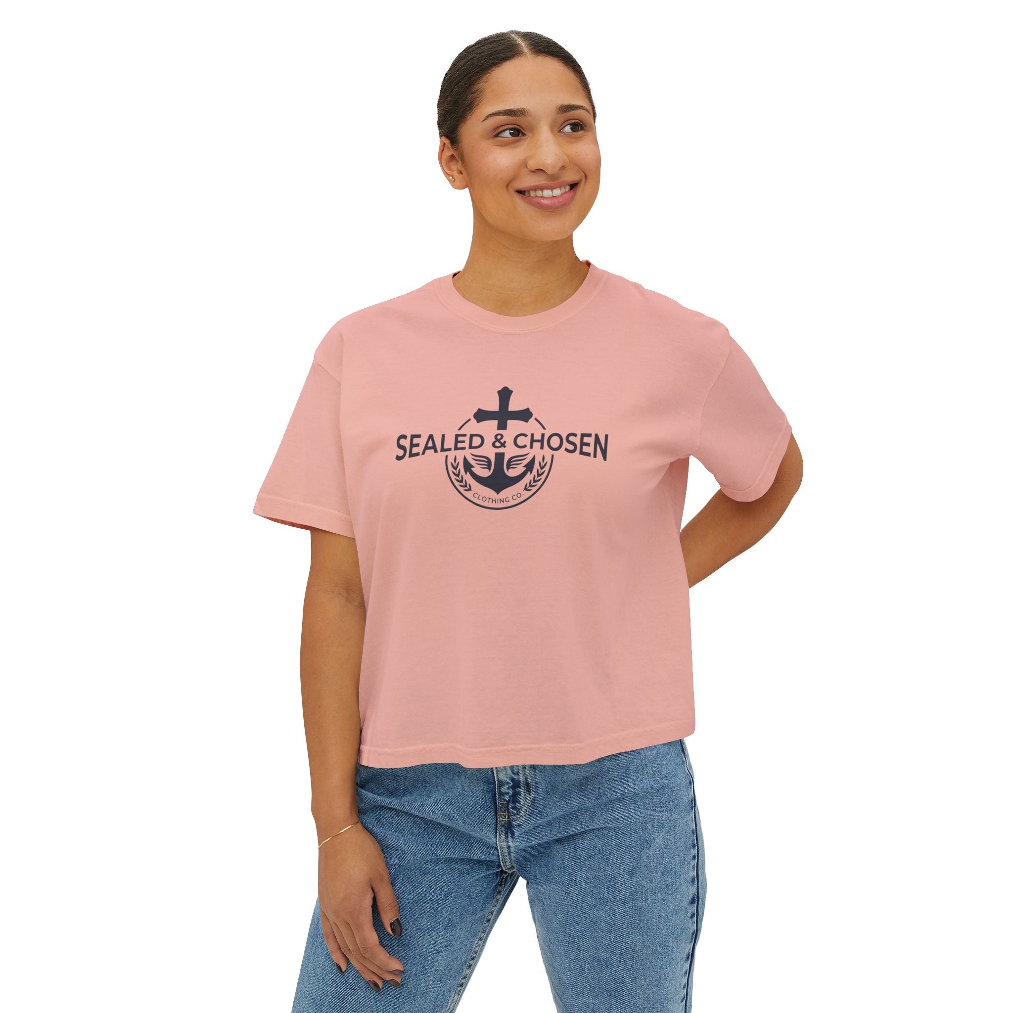 Sealed & Chosen Christian Boxy Tee — Isaiah 54:17 Faith Graphic Shirt