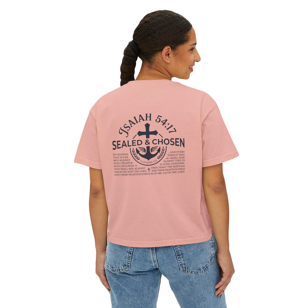Sealed & Chosen Christian Boxy Tee — Isaiah 54:17 Faith Graphic Shirt