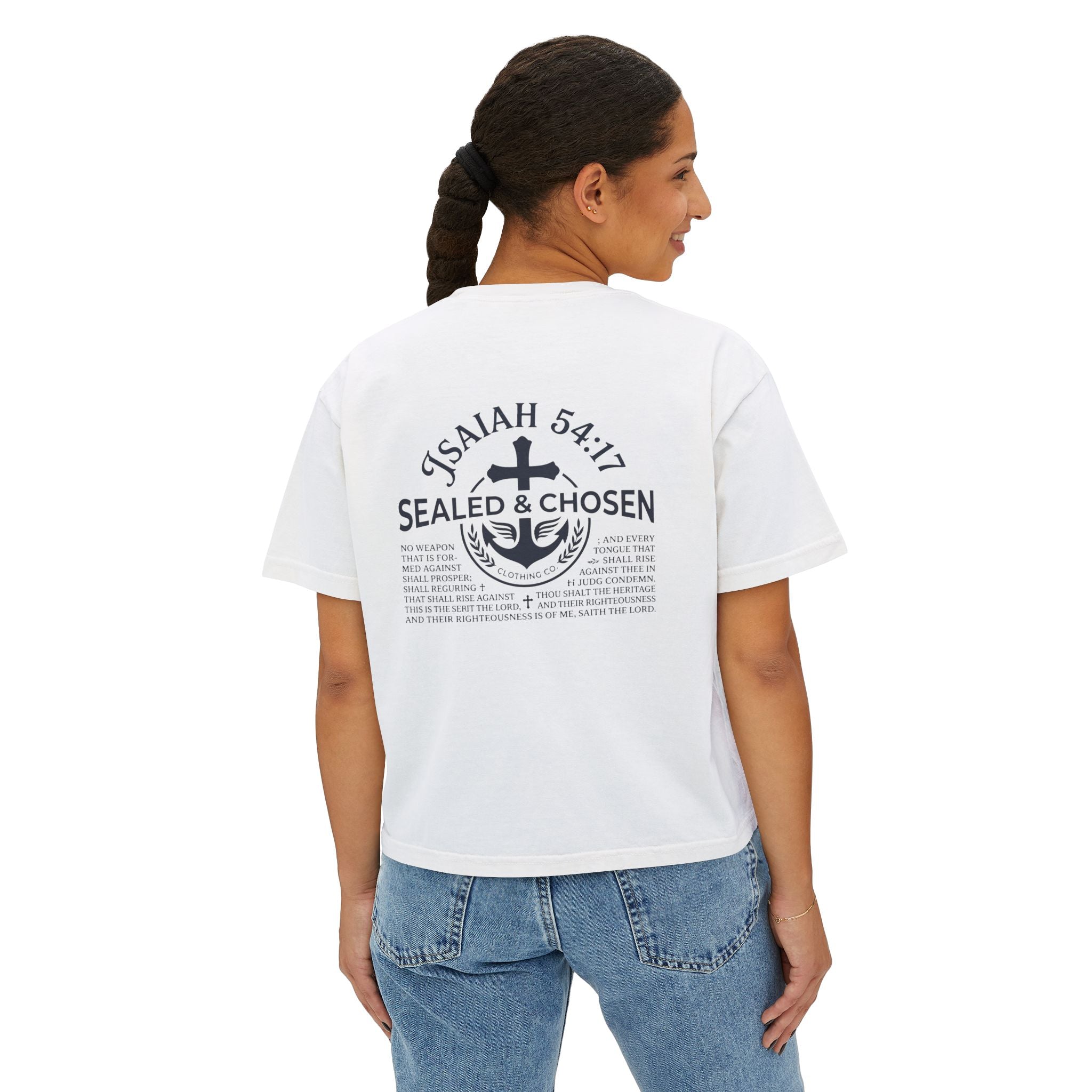Sealed & Chosen Christian Boxy Tee — Isaiah 54:17 Faith Graphic Shirt