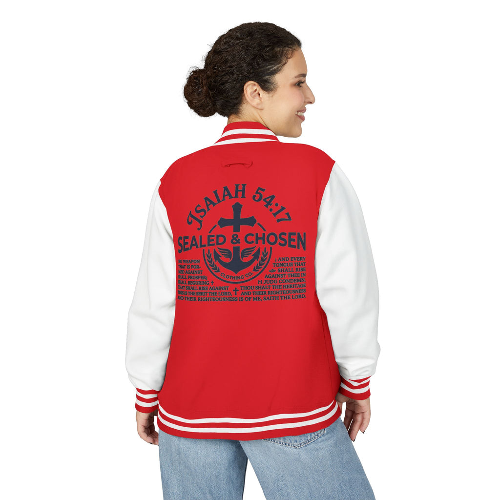 Isaiah 54:17 Varsity Letterman Jacket — Sealed & Chosen Faith Apparel