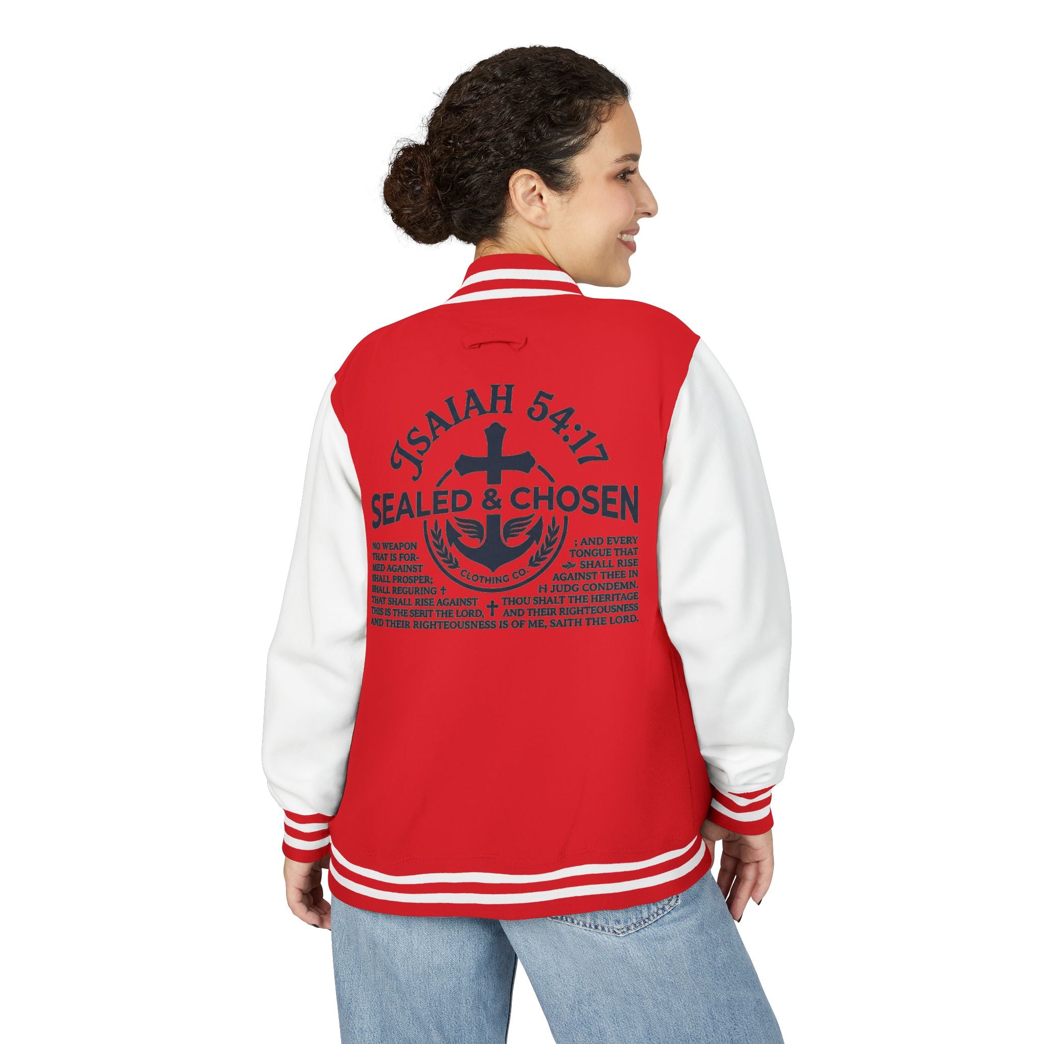 Isaiah 54:17 Varsity Letterman Jacket — Sealed & Chosen Faith Apparel