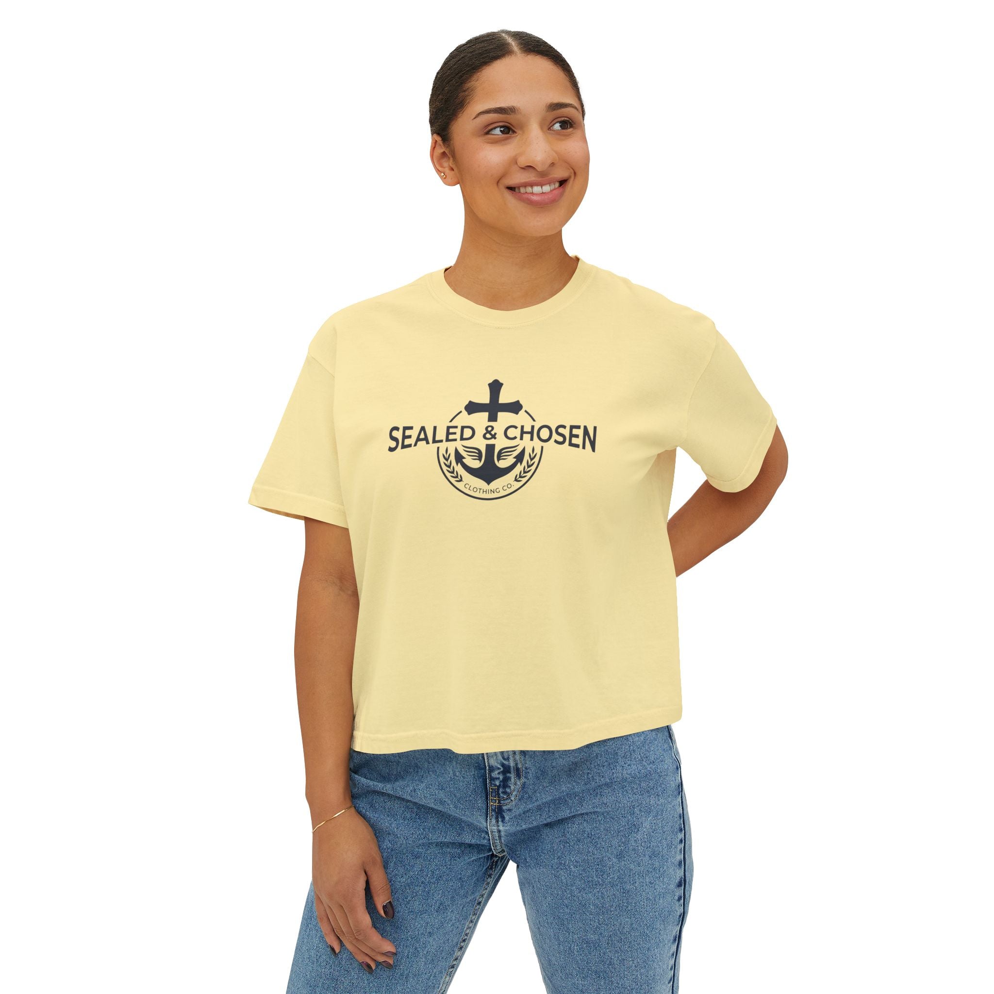 Sealed & Chosen Christian Boxy Tee — Isaiah 54:17 Faith Graphic Shirt