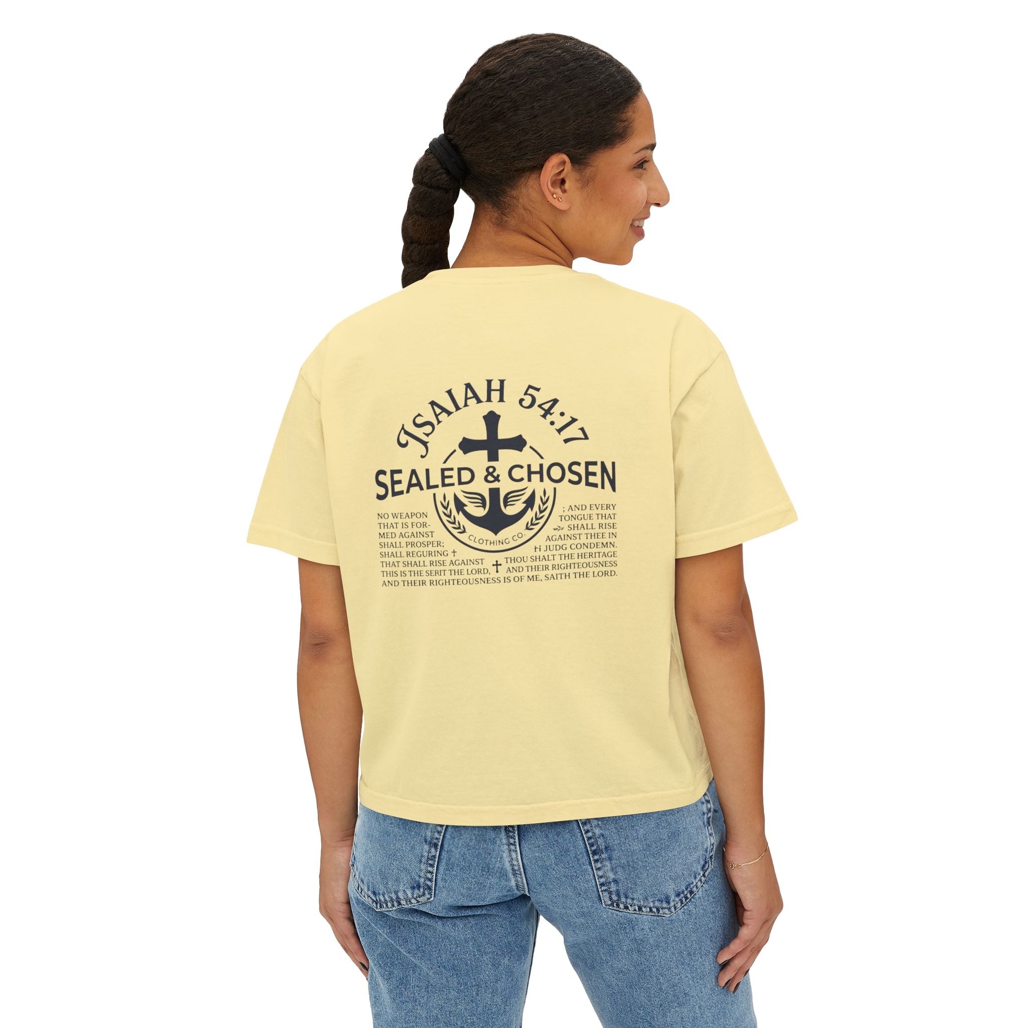 Sealed & Chosen Christian Boxy Tee — Isaiah 54:17 Faith Graphic Shirt