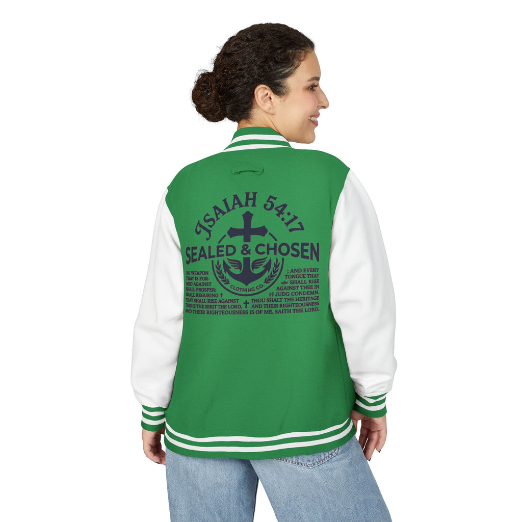 Isaiah 54:17 Varsity Letterman Jacket — Sealed & Chosen Faith Apparel