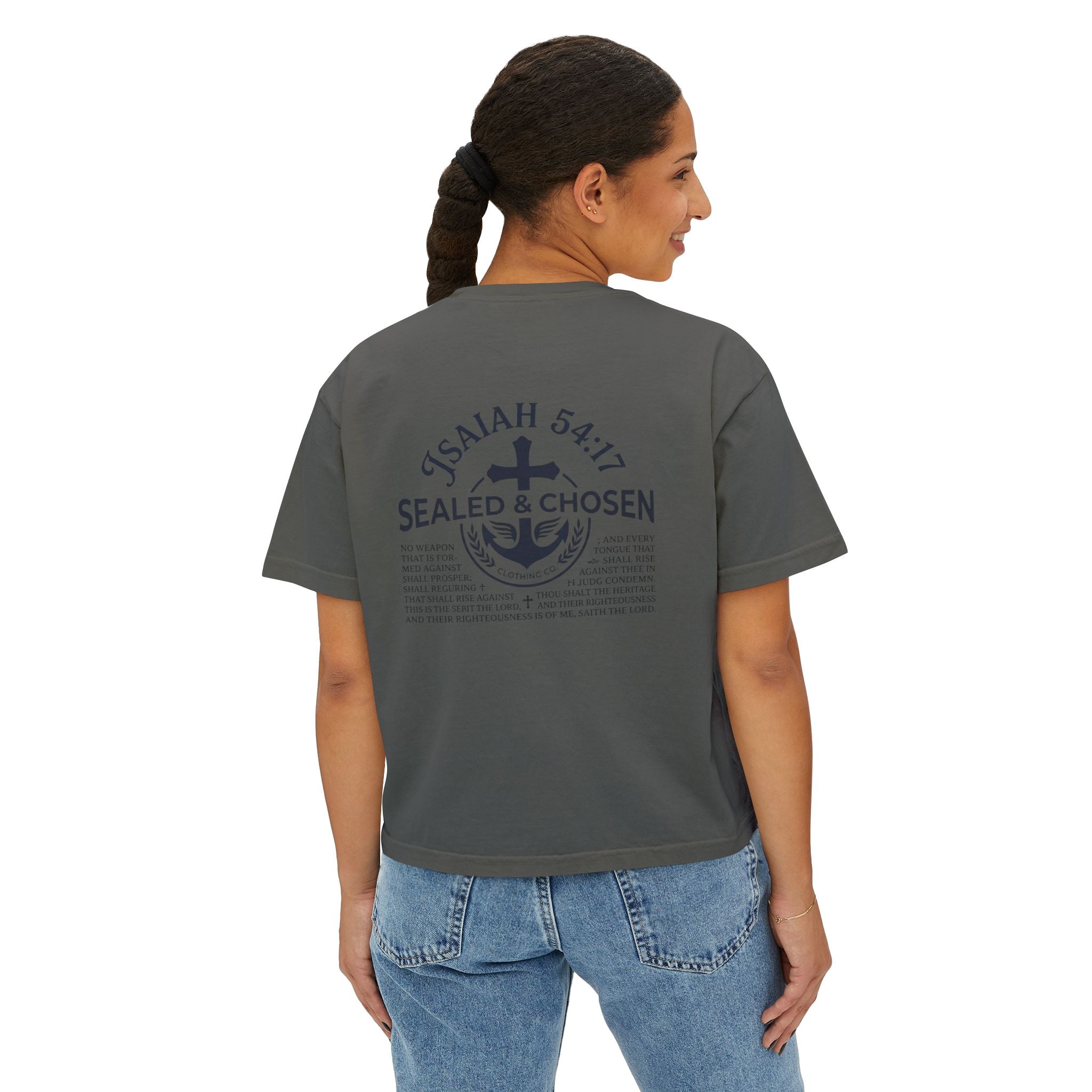 Sealed & Chosen Christian Boxy Tee — Isaiah 54:17 Faith Graphic Shirt