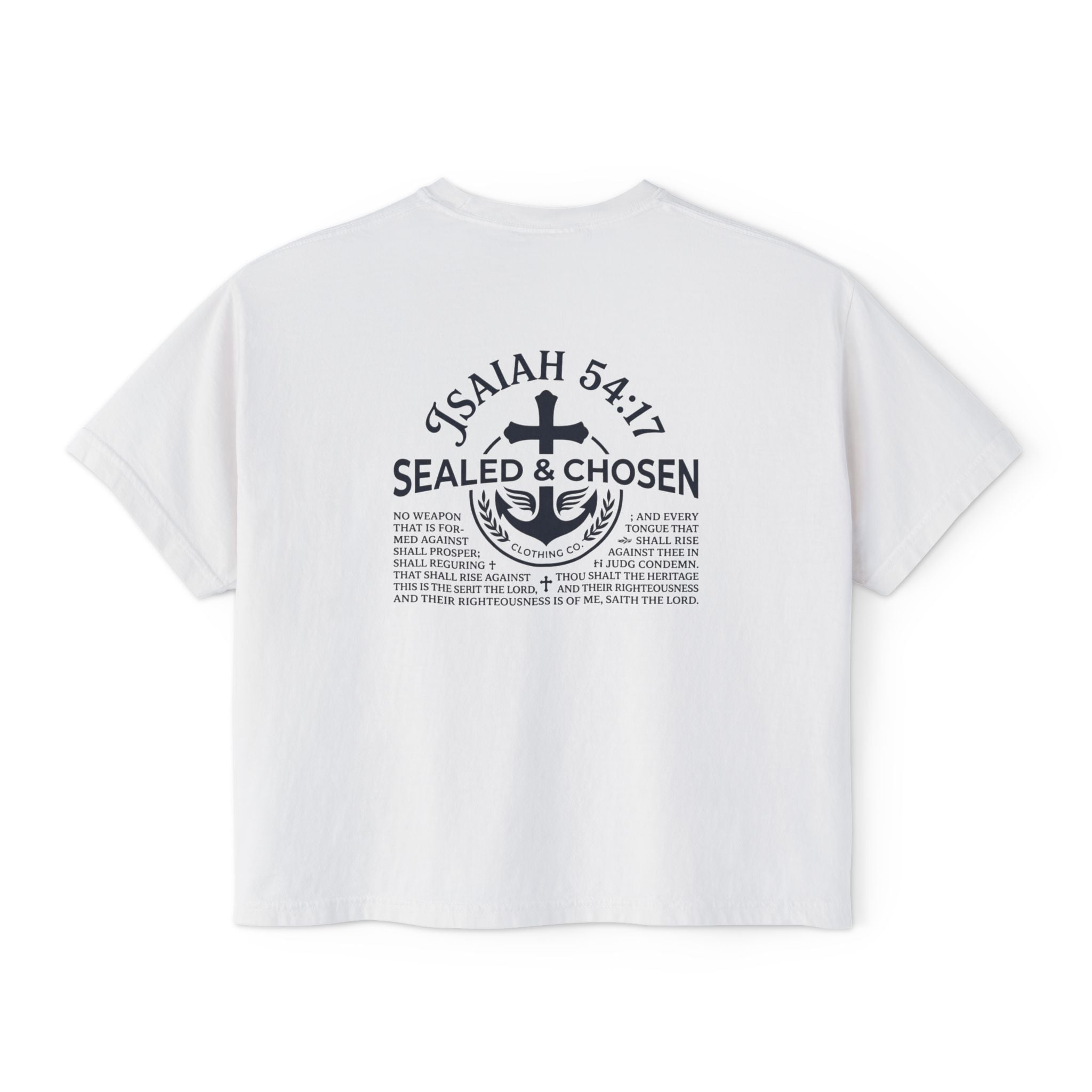 Sealed & Chosen Christian Boxy Tee — Isaiah 54:17 Faith Graphic Shirt