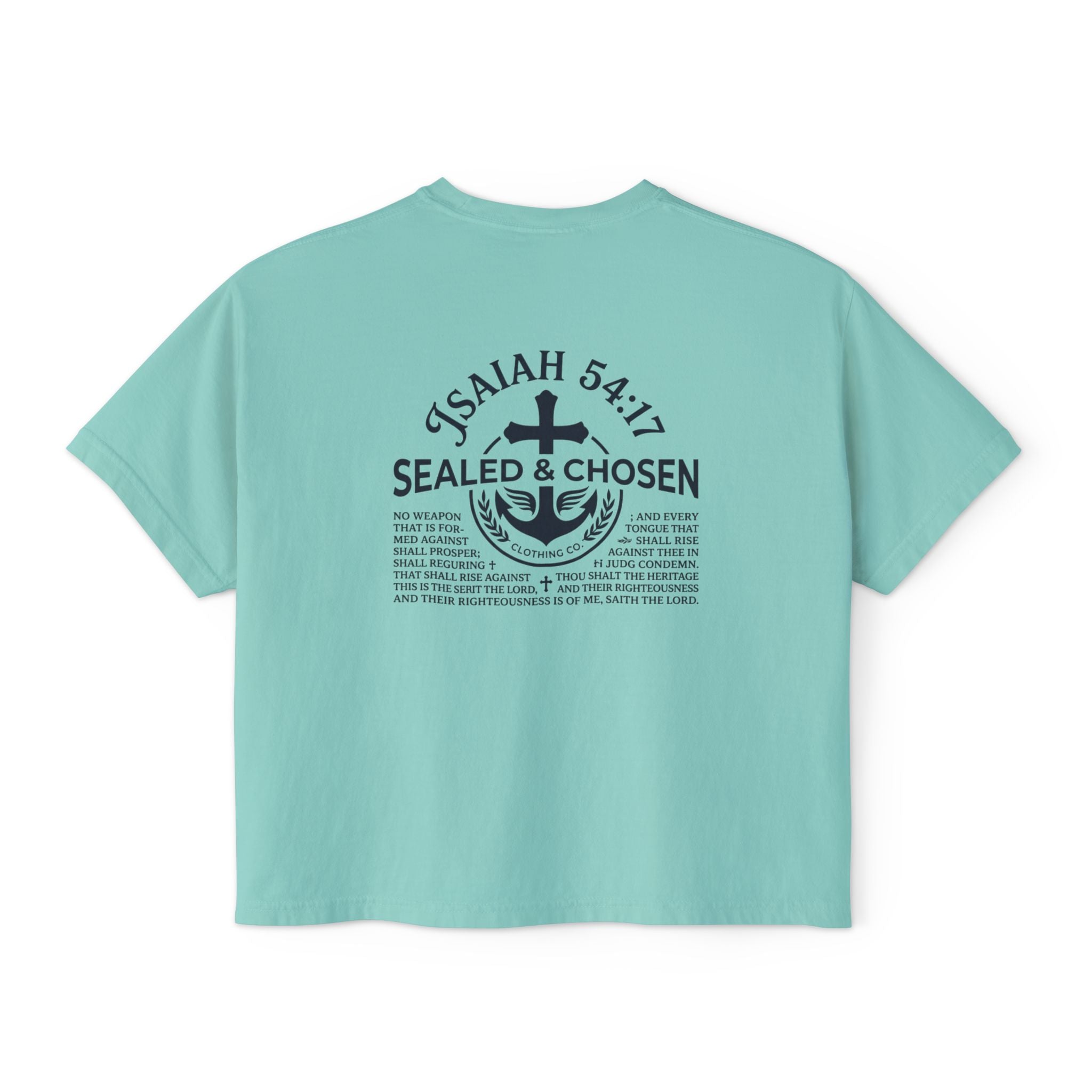 Sealed & Chosen Christian Boxy Tee — Isaiah 54:17 Faith Graphic Shirt