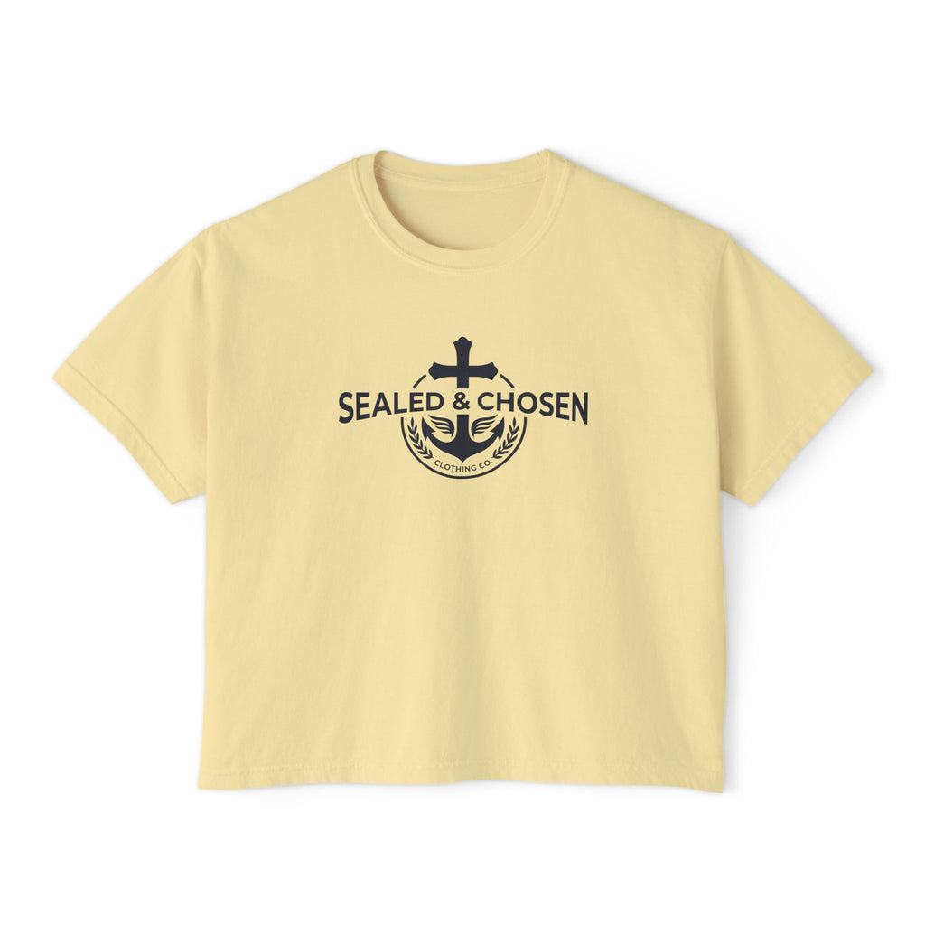 Sealed & Chosen Christian Boxy Tee — Isaiah 54:17 Faith Graphic Shirt