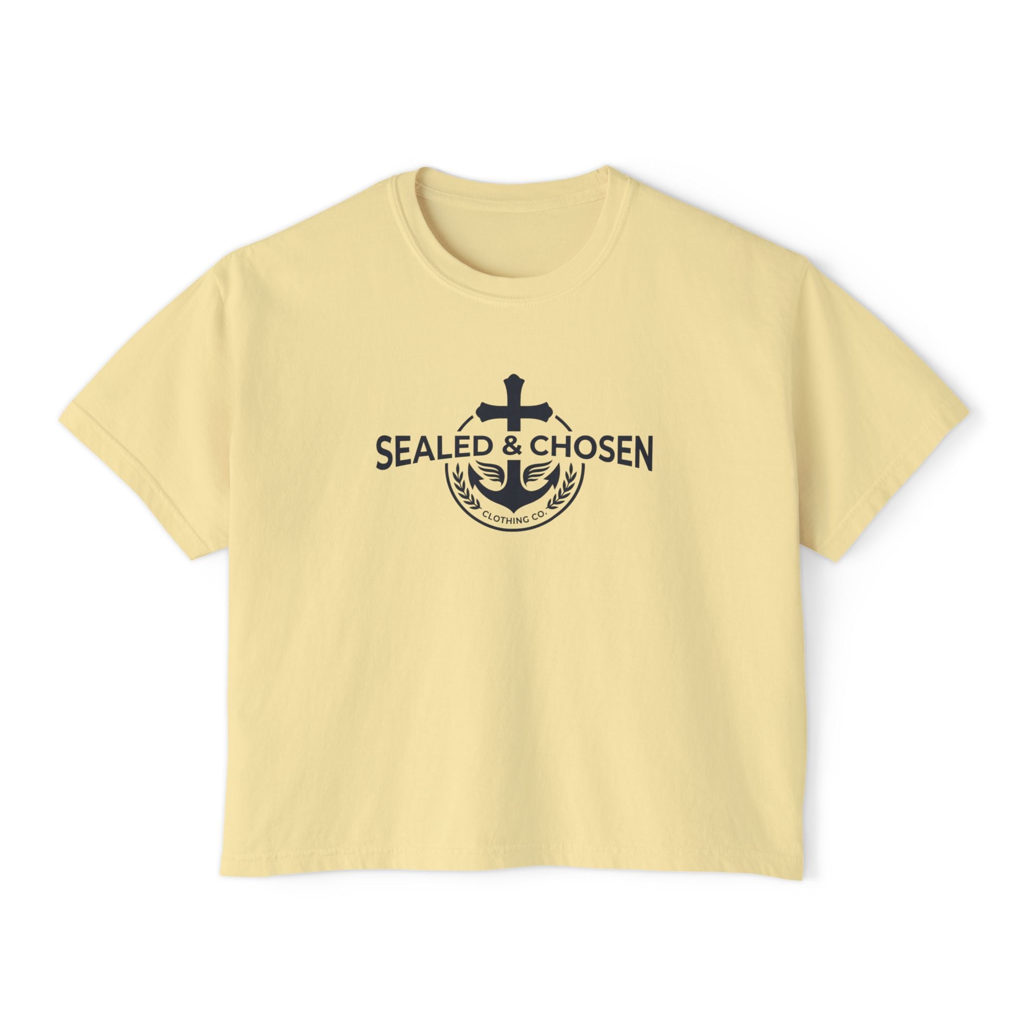 Sealed & Chosen Christian Boxy Tee — Isaiah 54:17 Faith Graphic Shirt