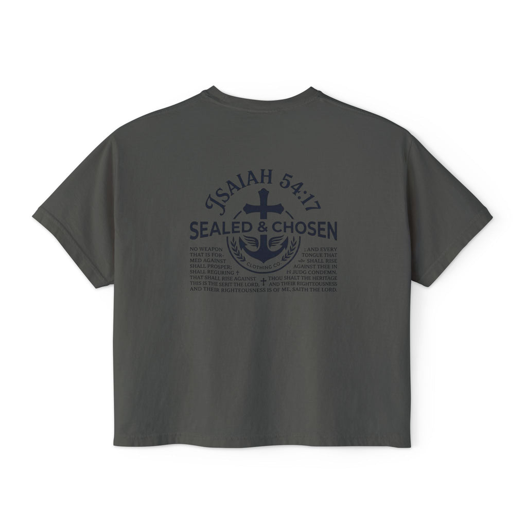 Sealed & Chosen Christian Boxy Tee — Isaiah 54:17 Faith Graphic Shirt