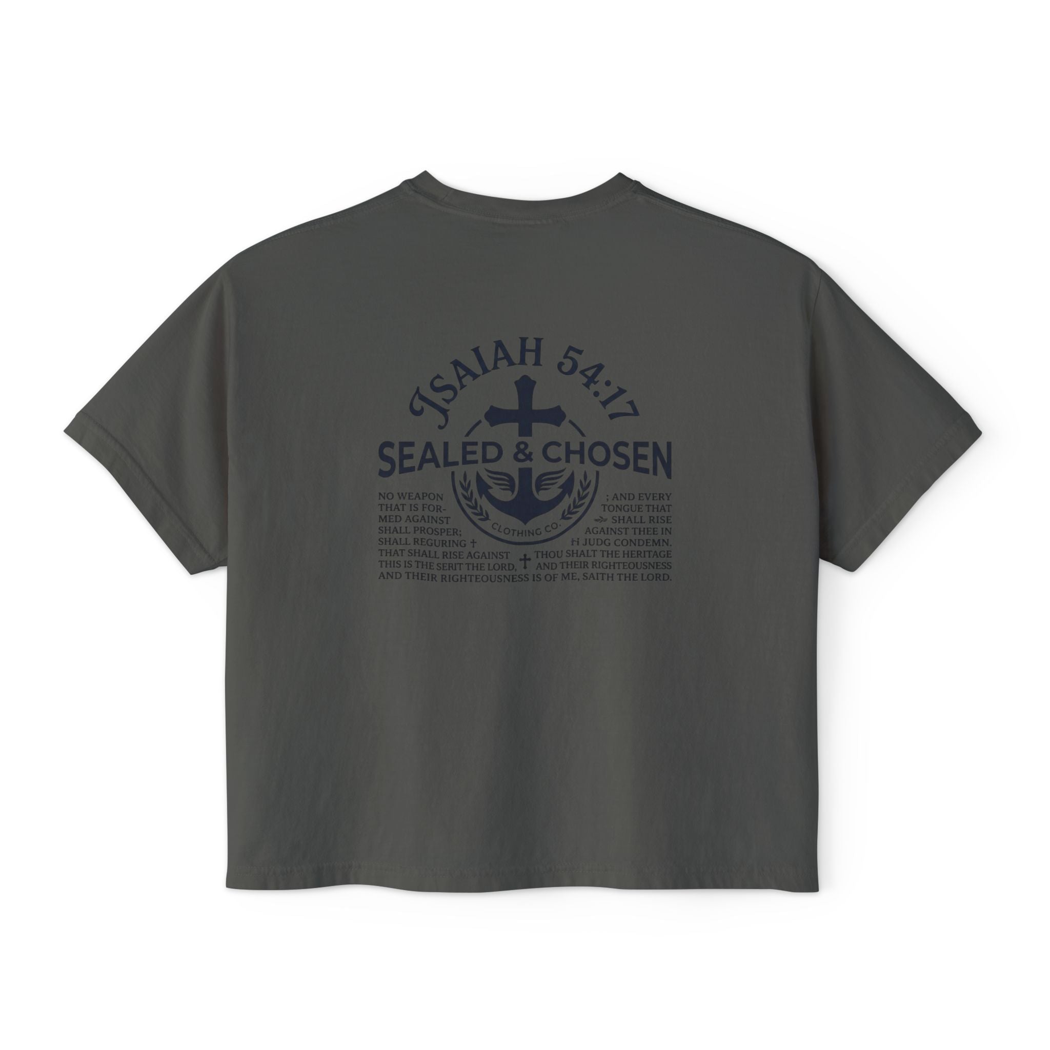 Sealed & Chosen Christian Boxy Tee — Isaiah 54:17 Faith Graphic Shirt