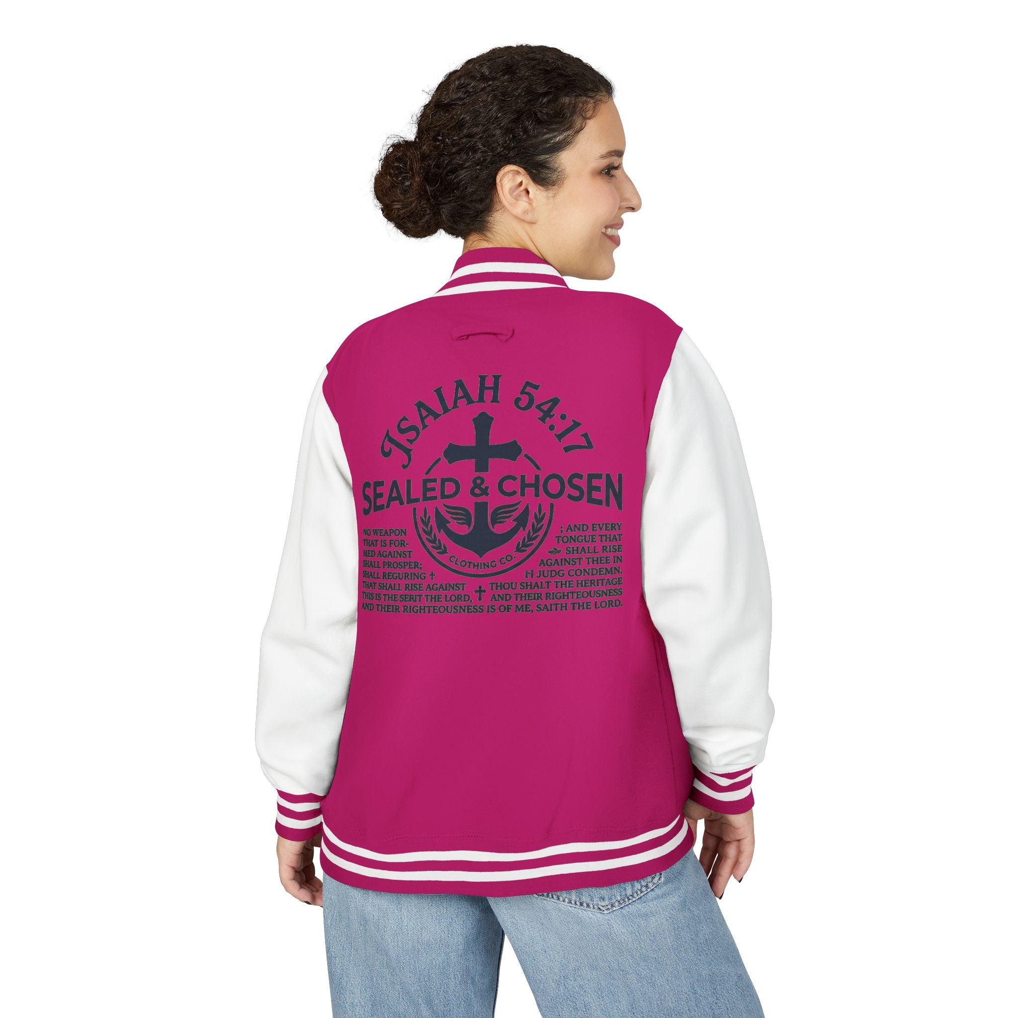 Isaiah 54:17 Varsity Letterman Jacket — Sealed & Chosen Faith Apparel