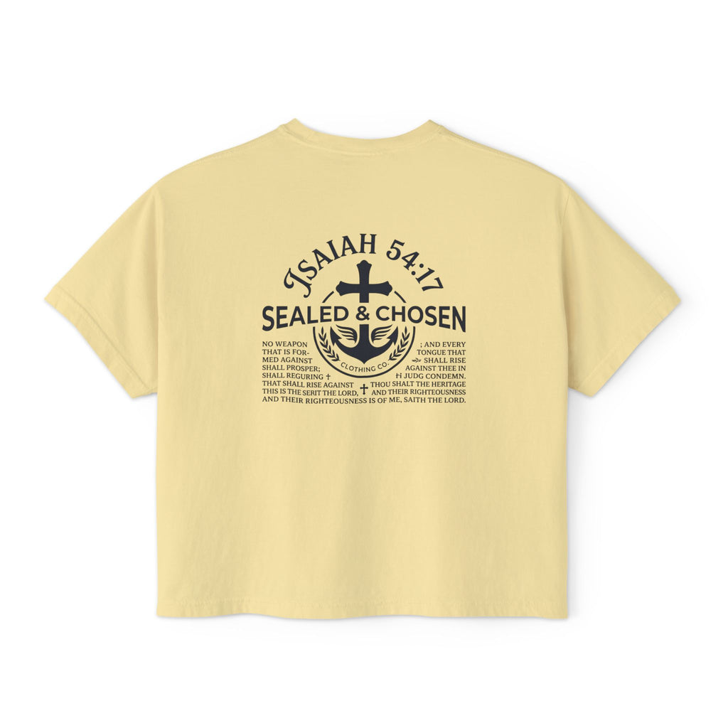 Sealed & Chosen Christian Boxy Tee — Isaiah 54:17 Faith Graphic Shirt