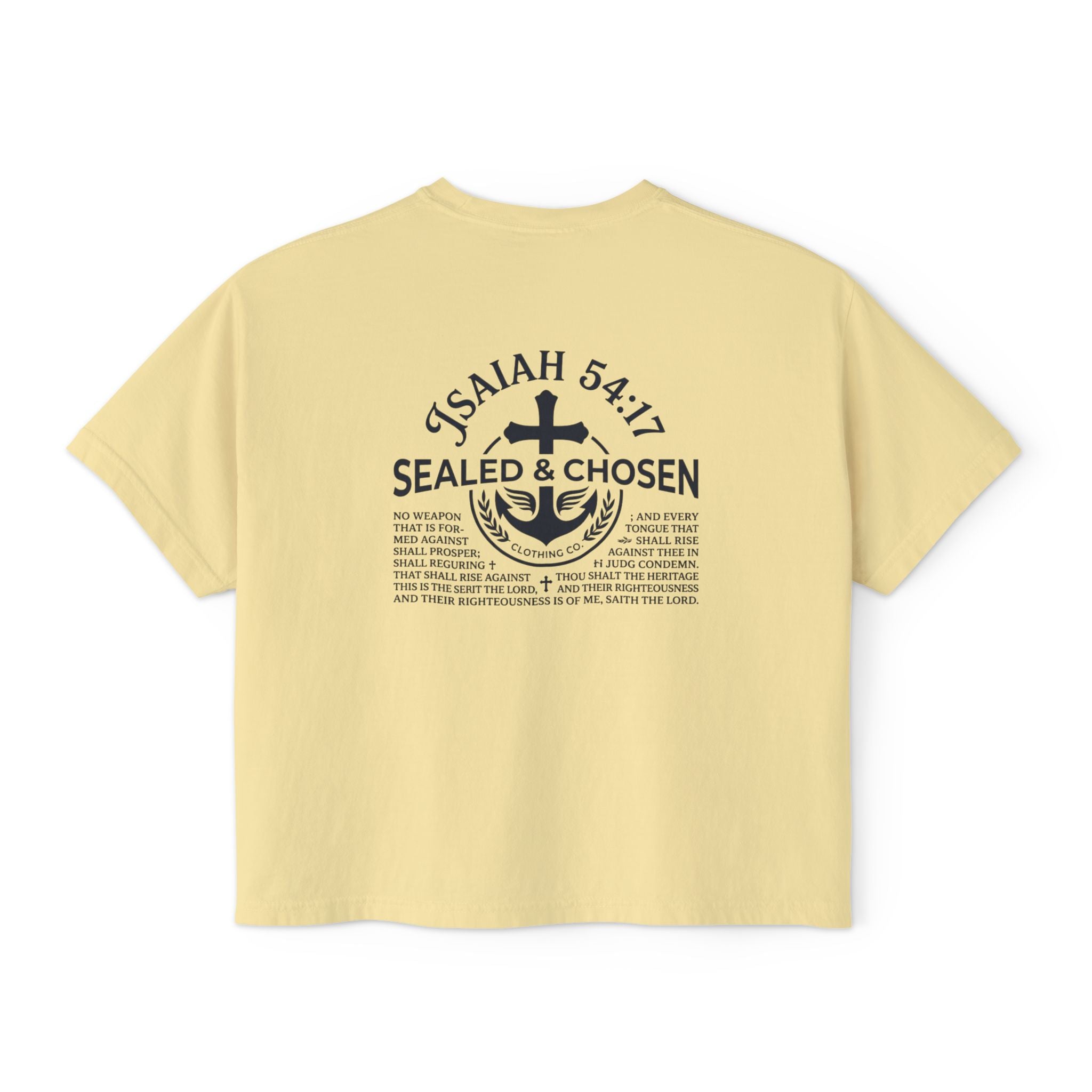 Sealed & Chosen Christian Boxy Tee — Isaiah 54:17 Faith Graphic Shirt
