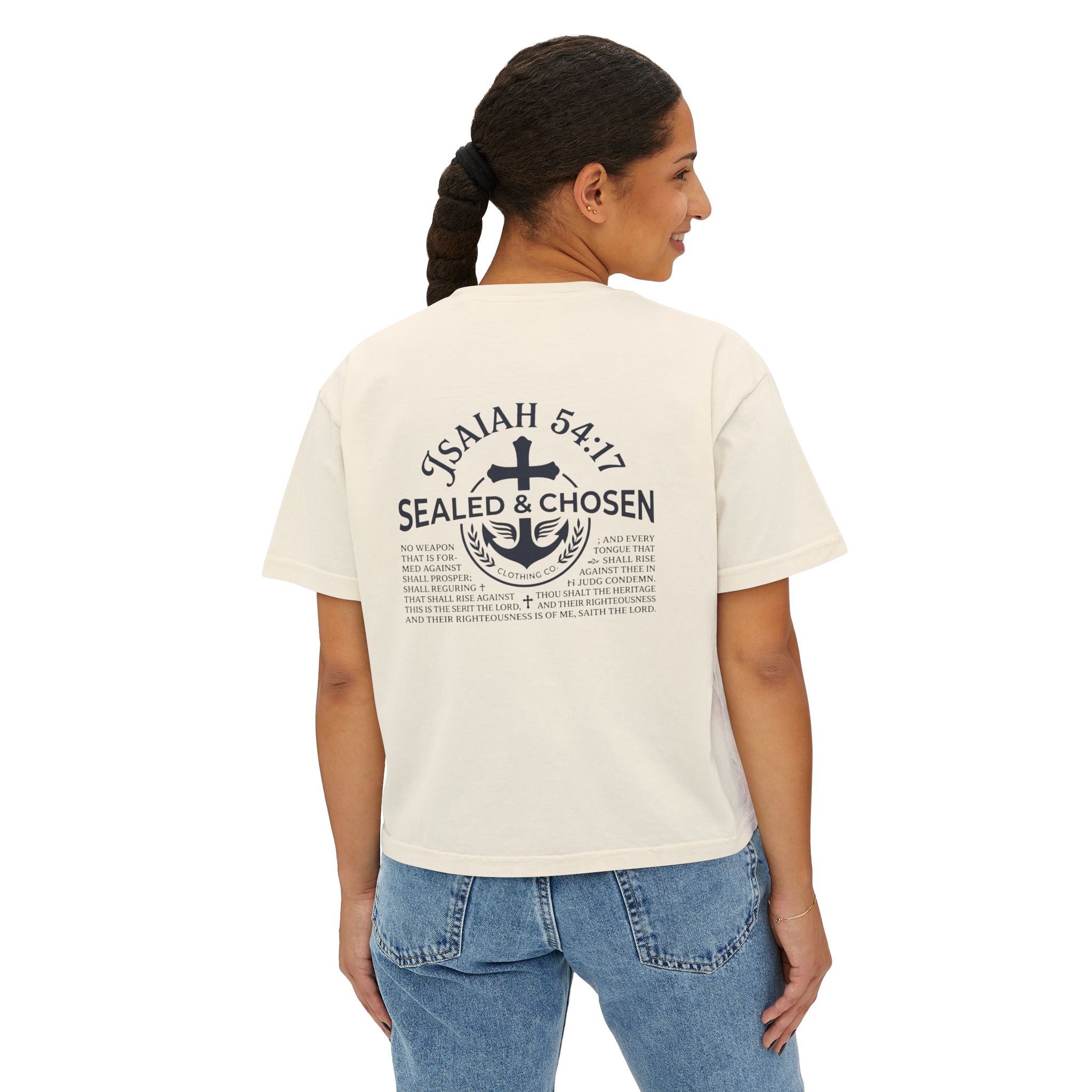 Sealed & Chosen Christian Boxy Tee — Isaiah 54:17 Faith Graphic Shirt