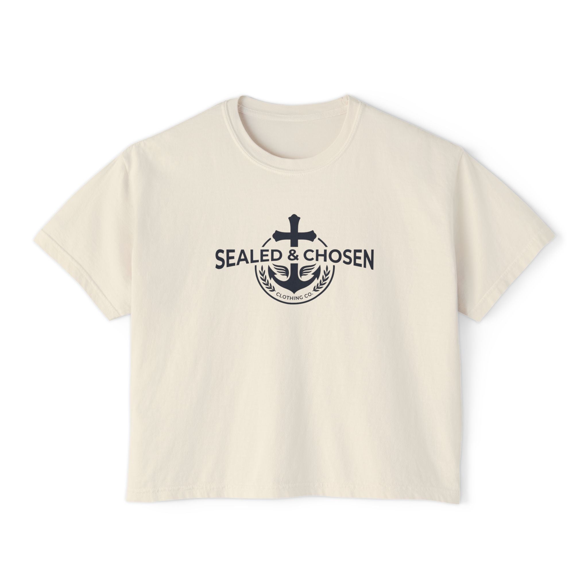 Sealed & Chosen Christian Boxy Tee — Isaiah 54:17 Faith Graphic Shirt