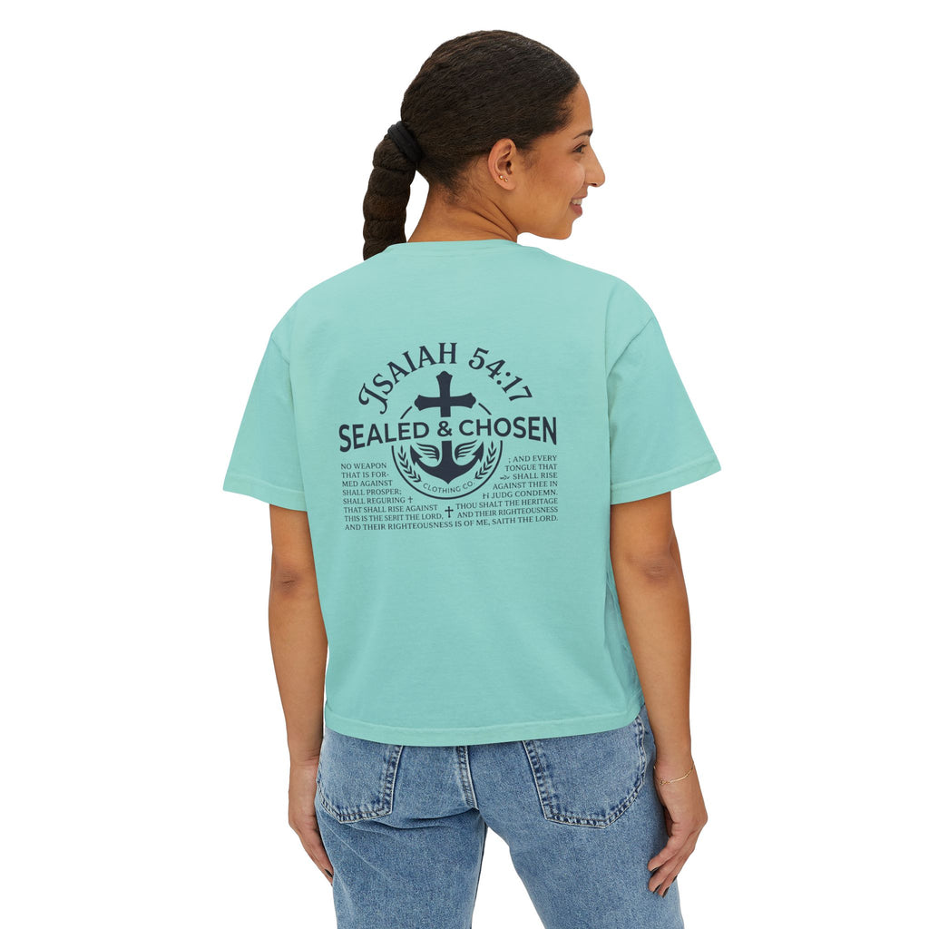 Sealed & Chosen Christian Boxy Tee — Isaiah 54:17 Faith Graphic Shirt