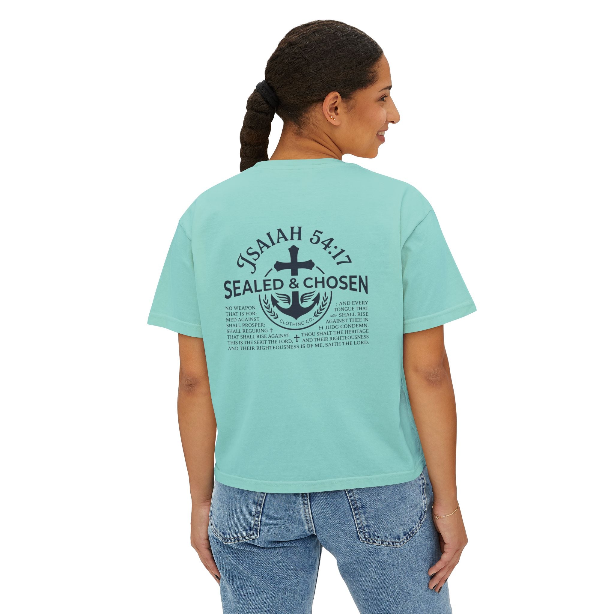 Sealed & Chosen Christian Boxy Tee — Isaiah 54:17 Faith Graphic Shirt