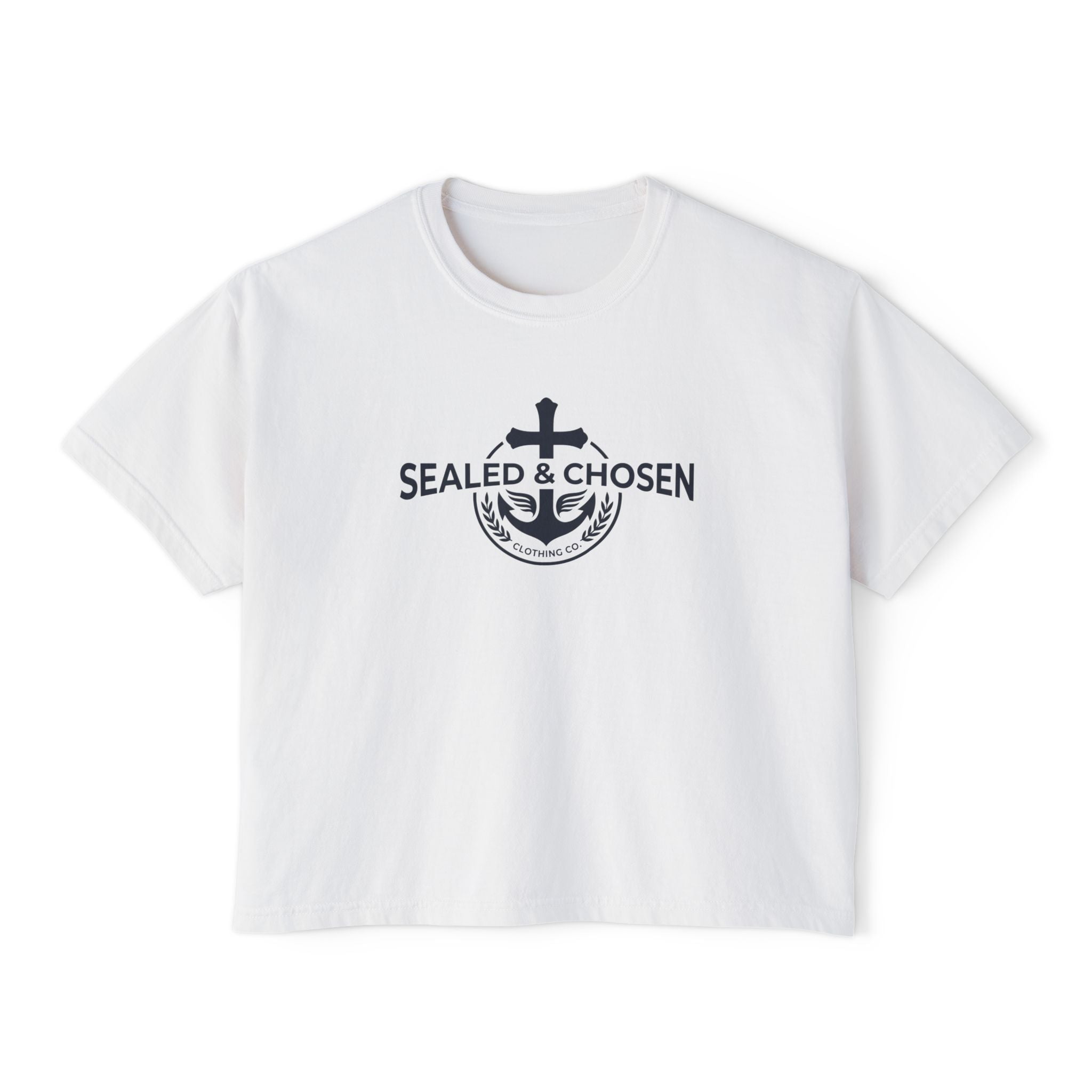 Sealed & Chosen Christian Boxy Tee — Isaiah 54:17 Faith Graphic Shirt