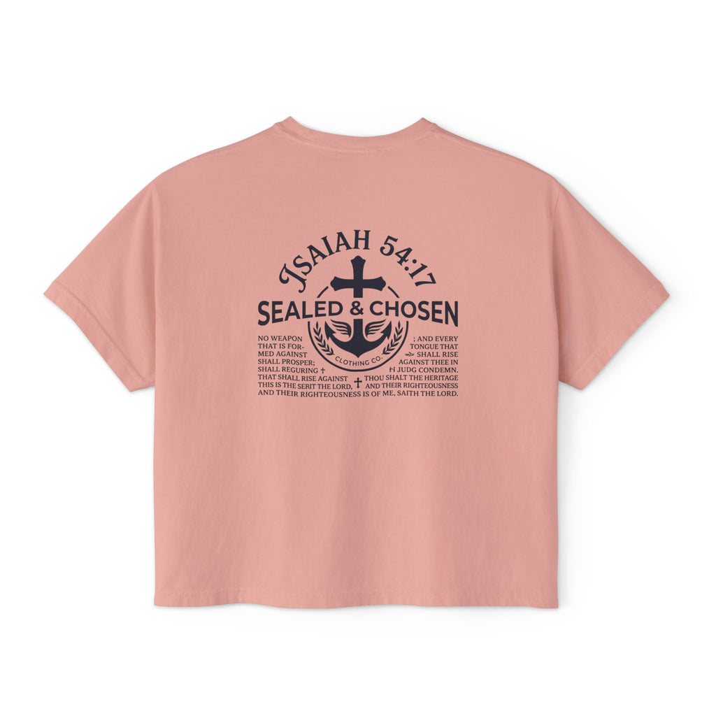 Sealed & Chosen Christian Boxy Tee — Isaiah 54:17 Faith Graphic Shirt