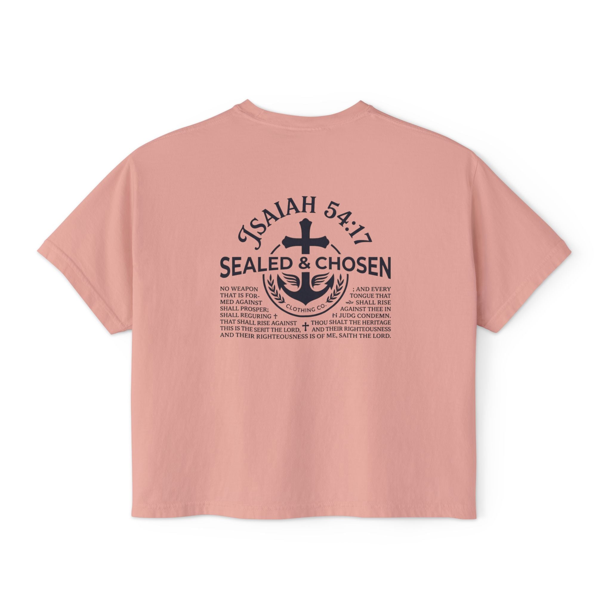 Sealed & Chosen Christian Boxy Tee — Isaiah 54:17 Faith Graphic Shirt