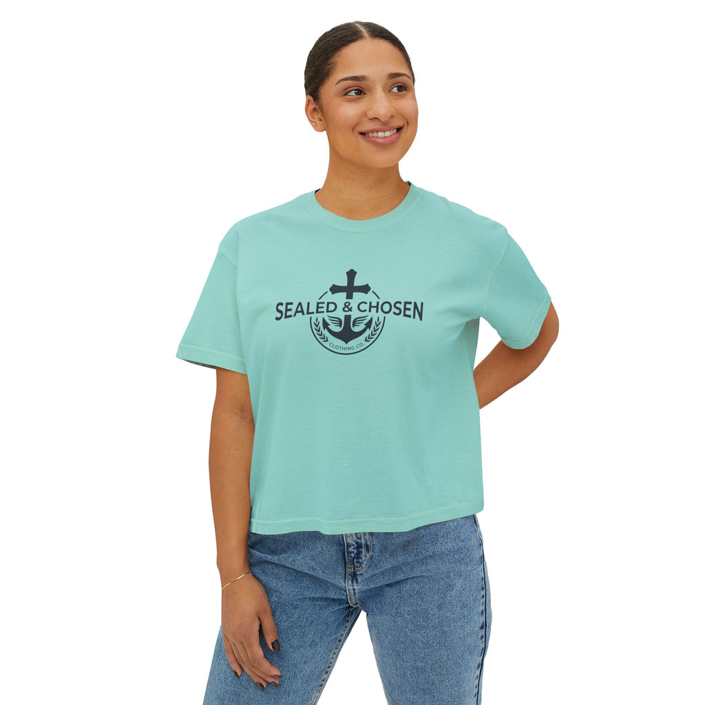Sealed & Chosen Christian Boxy Tee — Isaiah 54:17 Faith Graphic Shirt