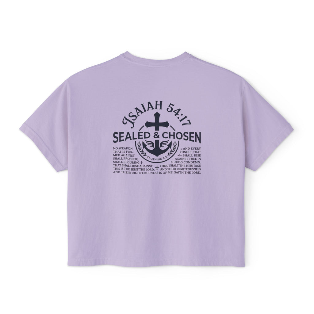 Sealed & Chosen Christian Boxy Tee — Isaiah 54:17 Faith Graphic Shirt