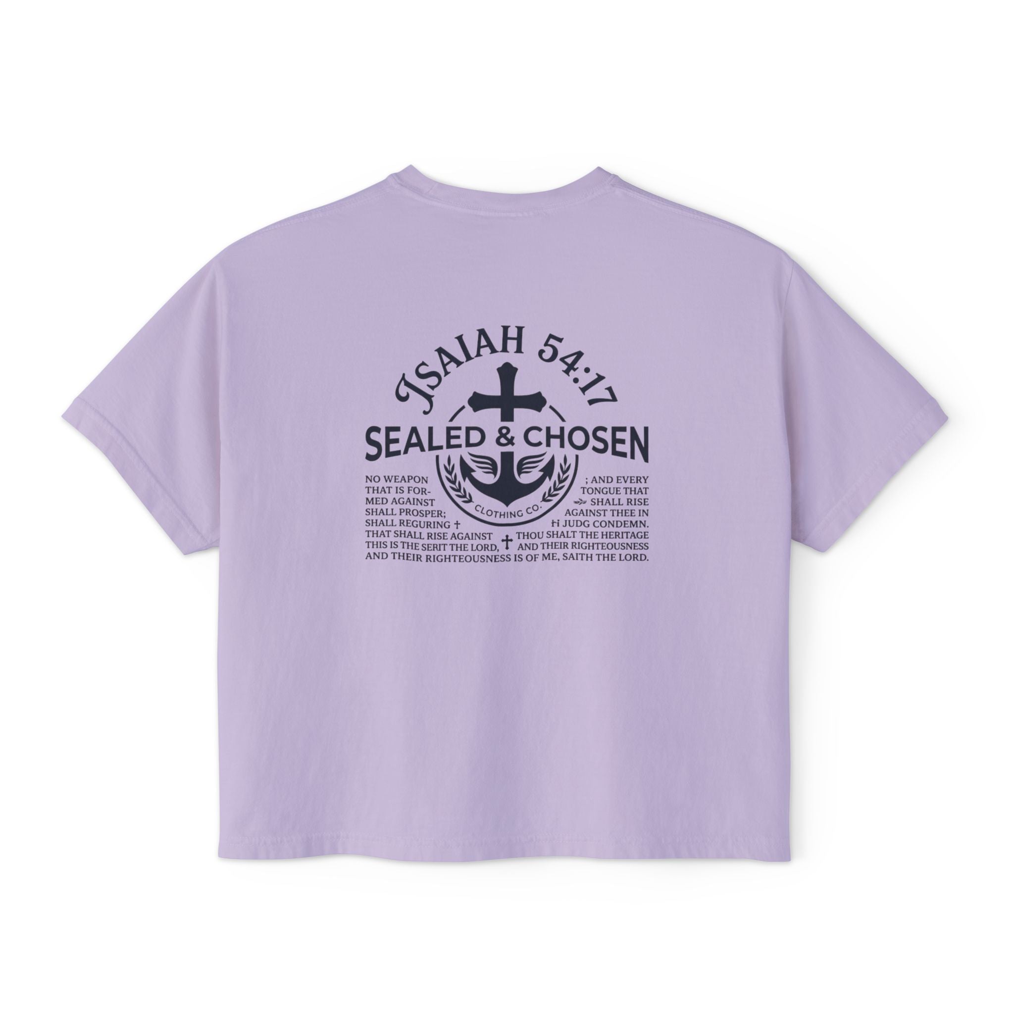 Sealed & Chosen Christian Boxy Tee — Isaiah 54:17 Faith Graphic Shirt