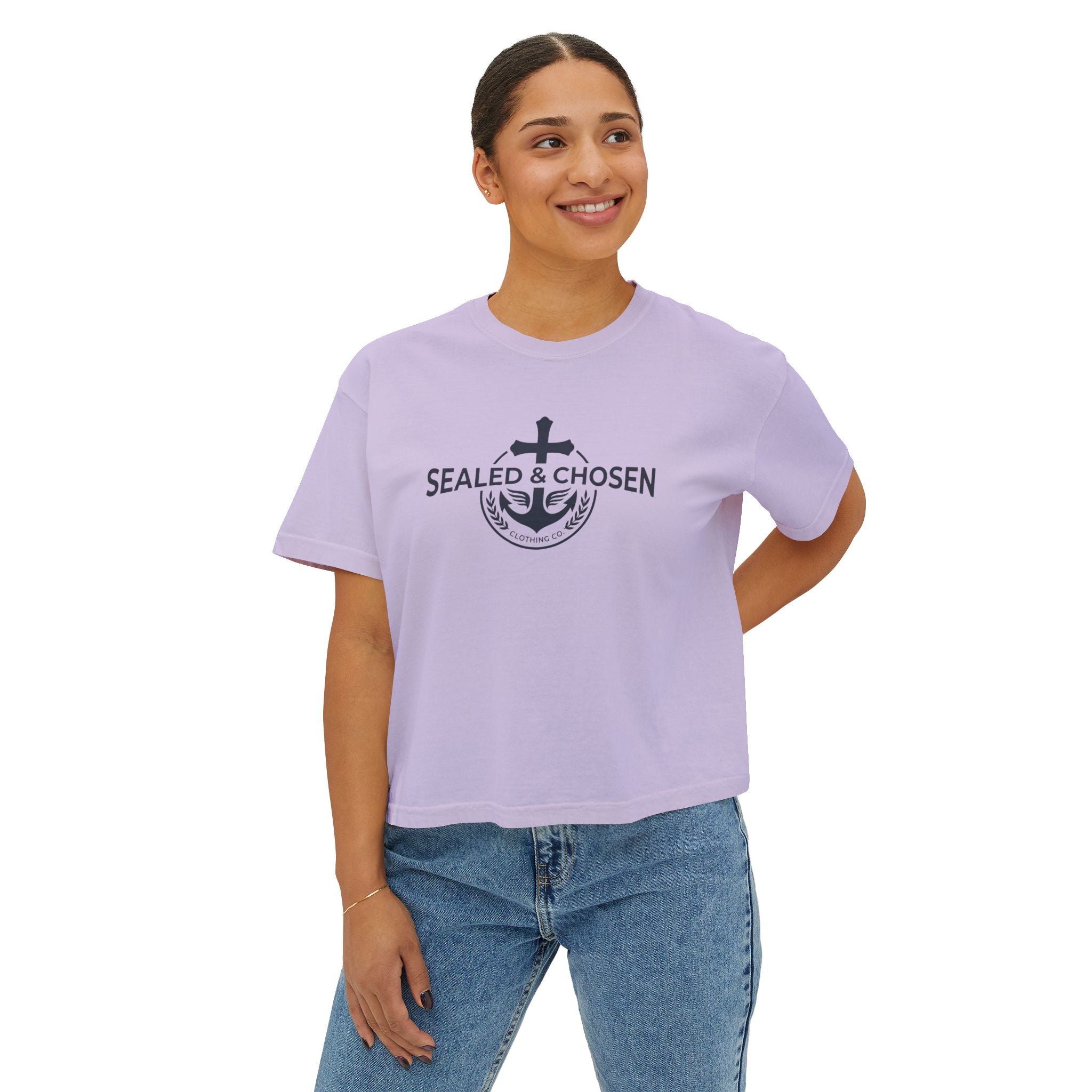 Sealed & Chosen Christian Boxy Tee — Isaiah 54:17 Faith Graphic Shirt