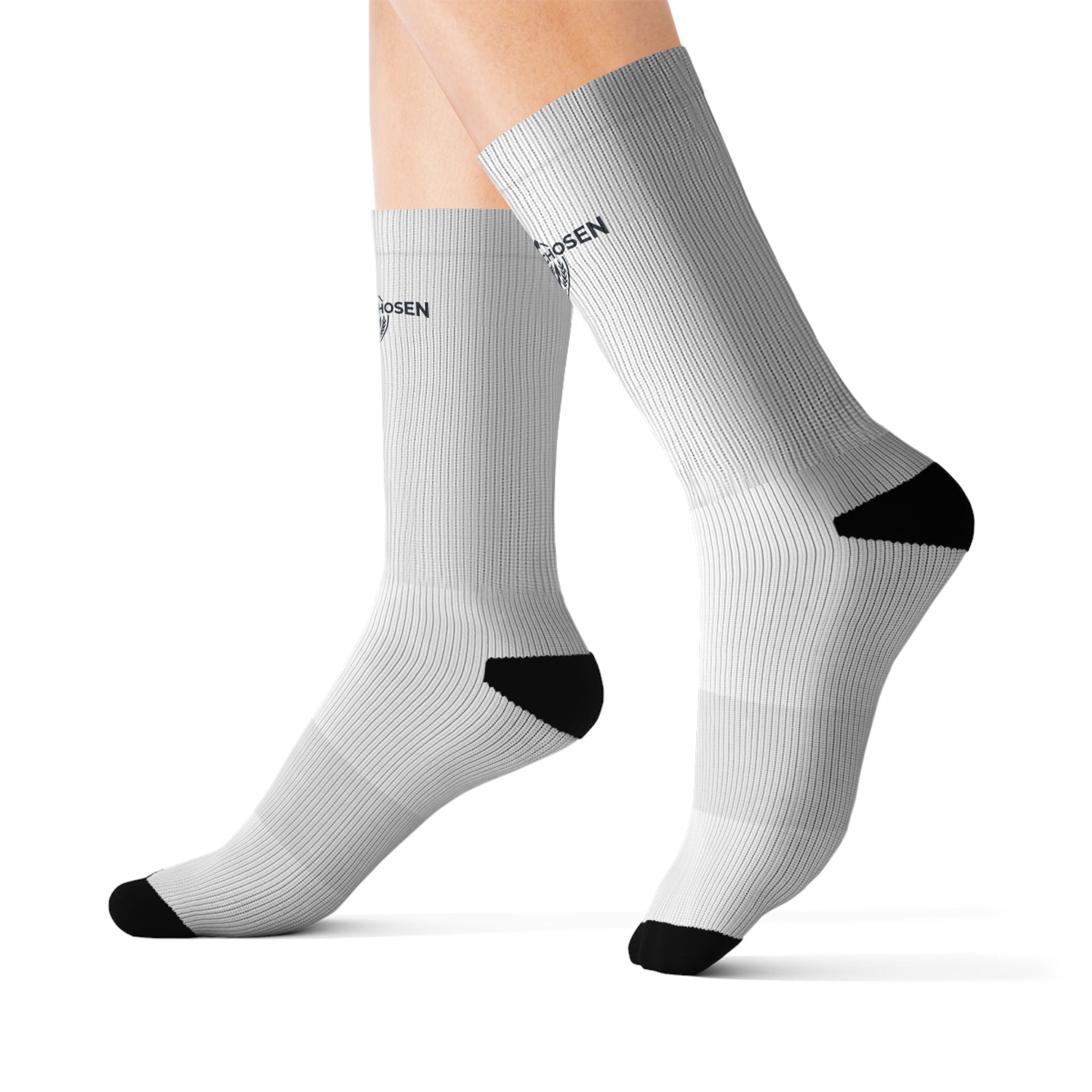 Custom Sublimation Crew Socks — Lightweight White Athletic Socks with Small Logo