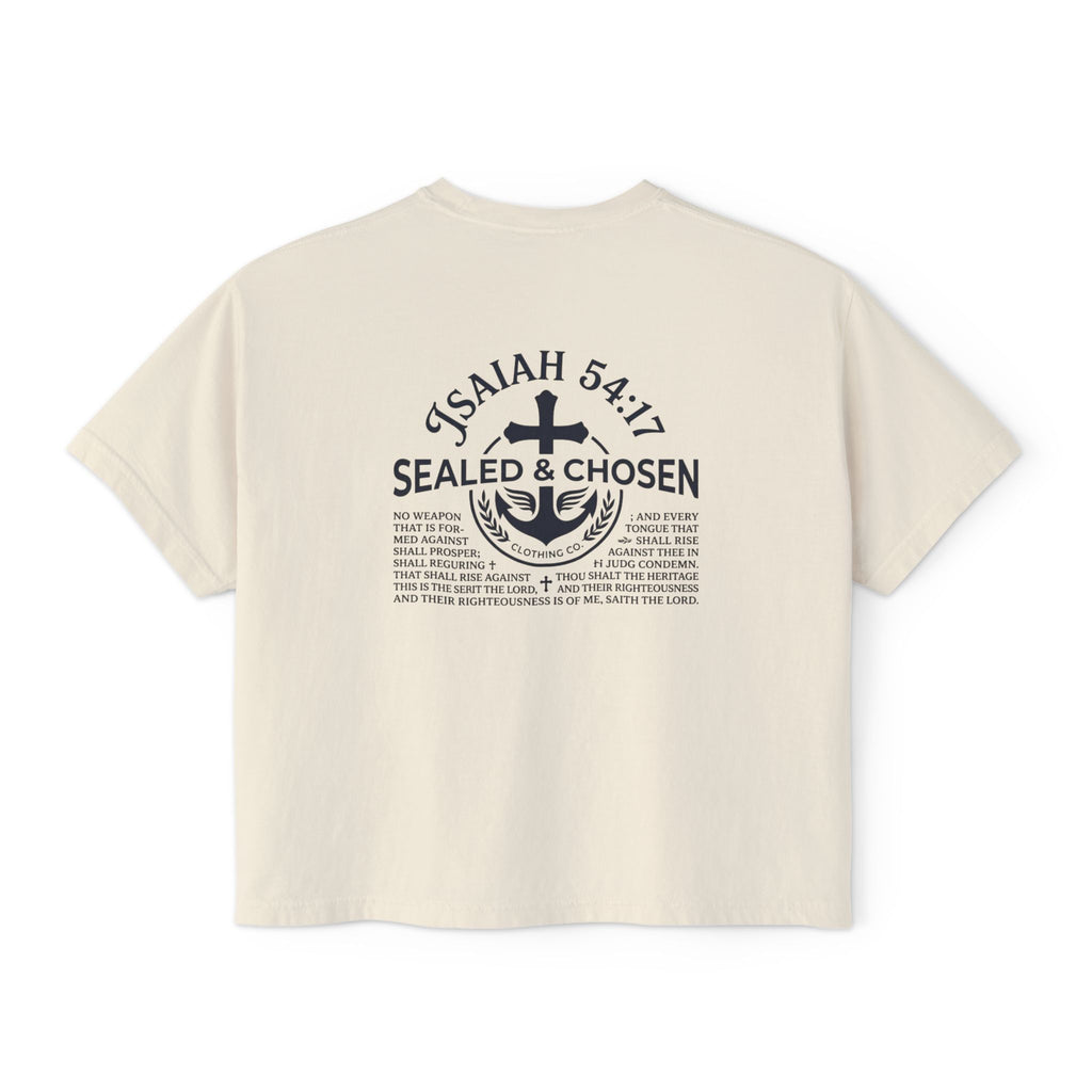 Sealed & Chosen Christian Boxy Tee — Isaiah 54:17 Faith Graphic Shirt