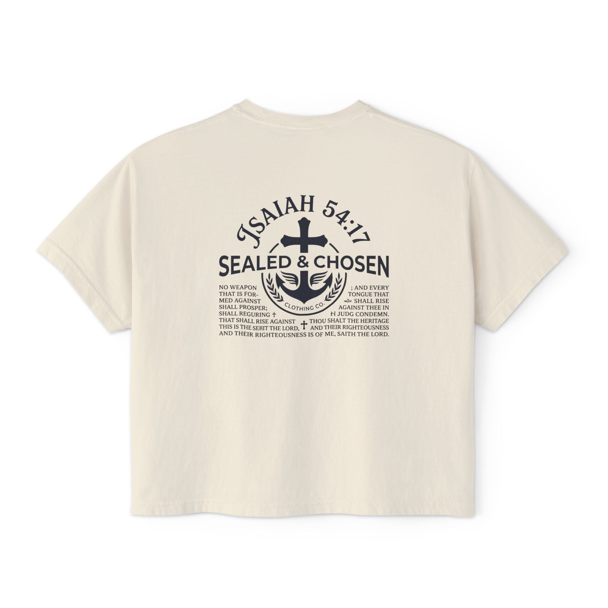 Sealed & Chosen Christian Boxy Tee — Isaiah 54:17 Faith Graphic Shirt