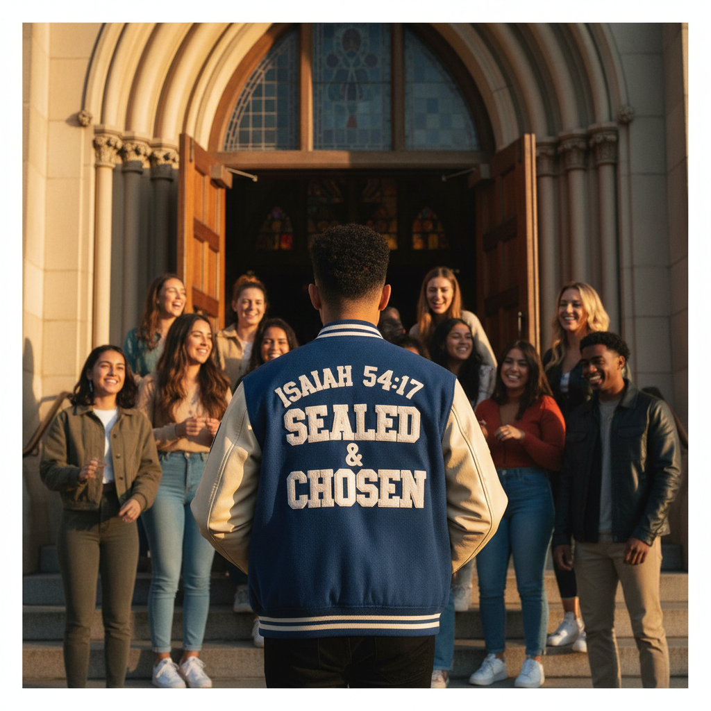 Young man wearing Isaiah 54:17 Sealed & Chosen varsity letterman jacket outside a church with friends